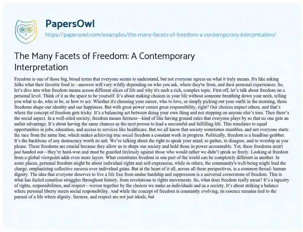 Essay on The Many Facets of Freedom: a Contemporary Interpretation