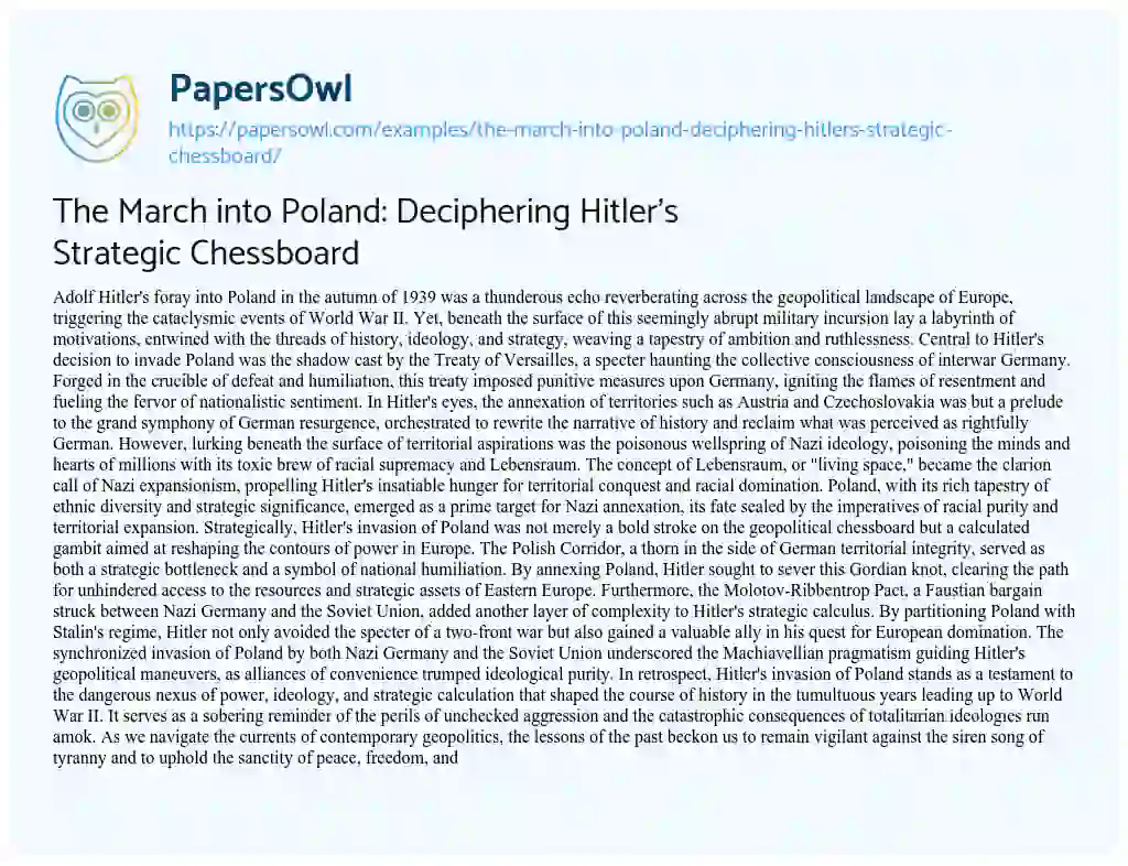 Essay on The March into Poland: Deciphering Hitler’s Strategic Chessboard
