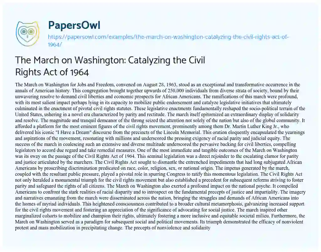Essay on The March on Washington: Catalyzing the Civil Rights Act of 1964