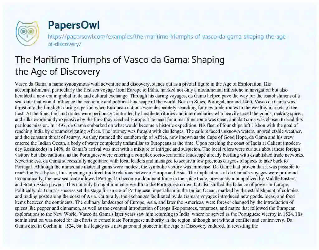 Essay on The Maritime Triumphs of Vasco Da Gama: Shaping the Age of Discovery