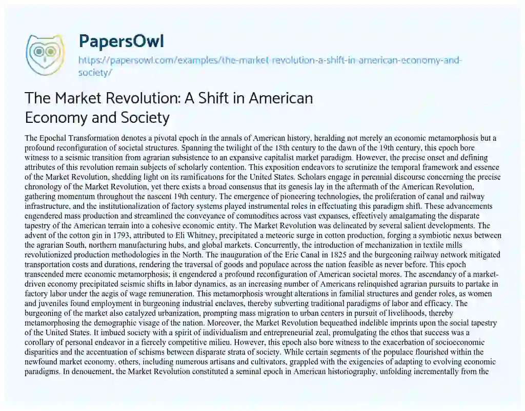Essay on The Market Revolution: a Shift in American Economy and Society