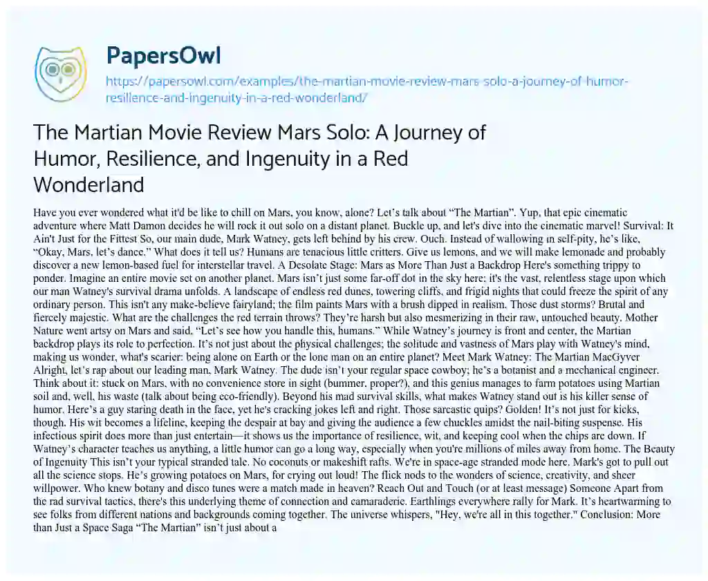 Essay on The Martian Movie Review Mars Solo: a Journey of Humor, Resilience, and Ingenuity in a Red Wonderland