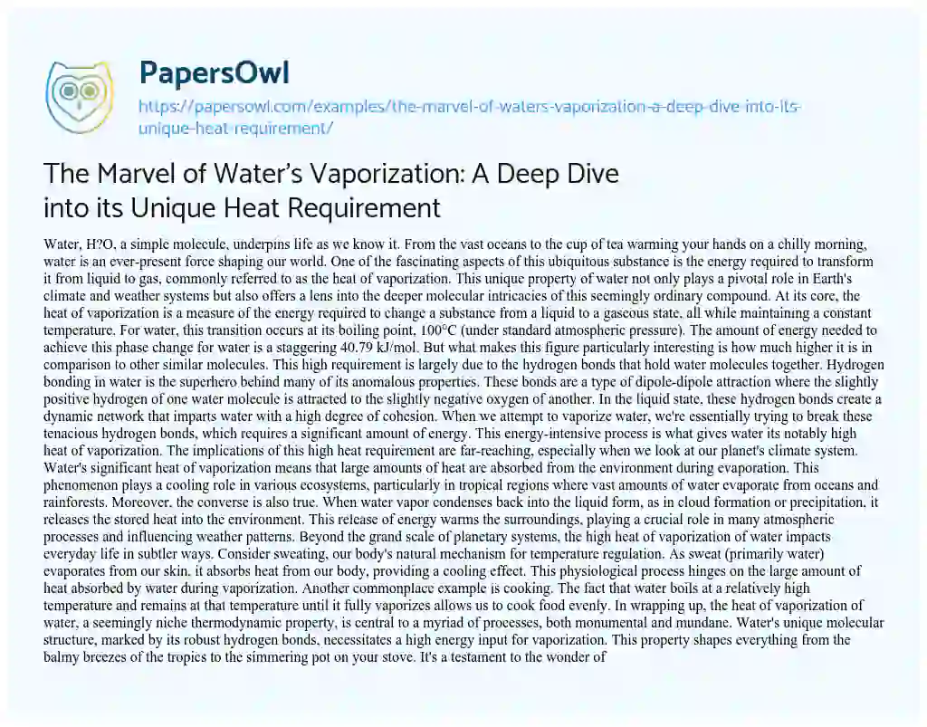Essay on The Marvel of Water’s Vaporization: a Deep Dive into its Unique Heat Requirement
