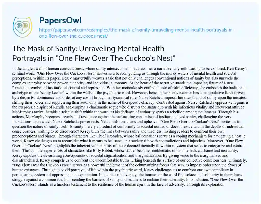 Essay on The Mask of Sanity: Unraveling Mental Health Portrayals in “One Flew over the Cuckoo’s Nest”