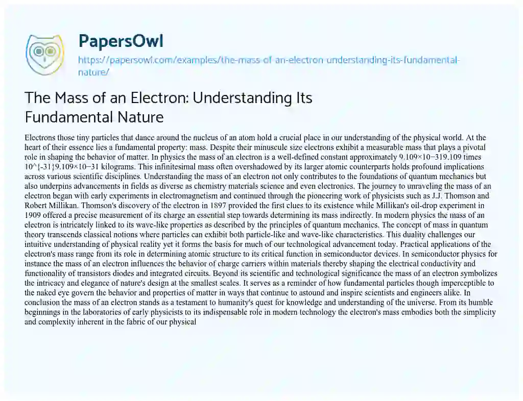 Essay on The Mass of an Electron: Understanding its Fundamental Nature