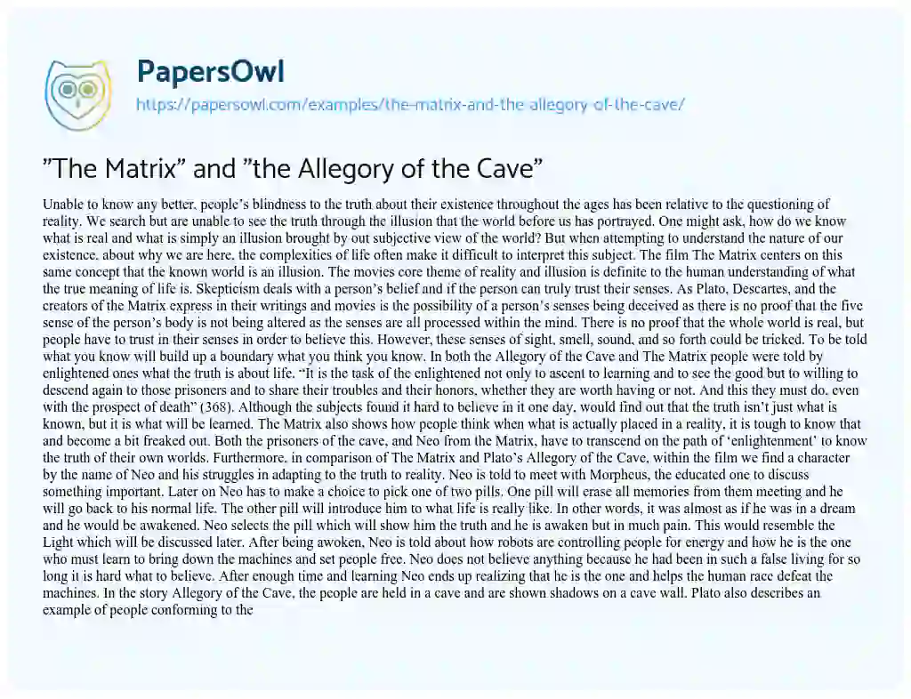 “The Matrix” and “the Allegory of the Cave” essay