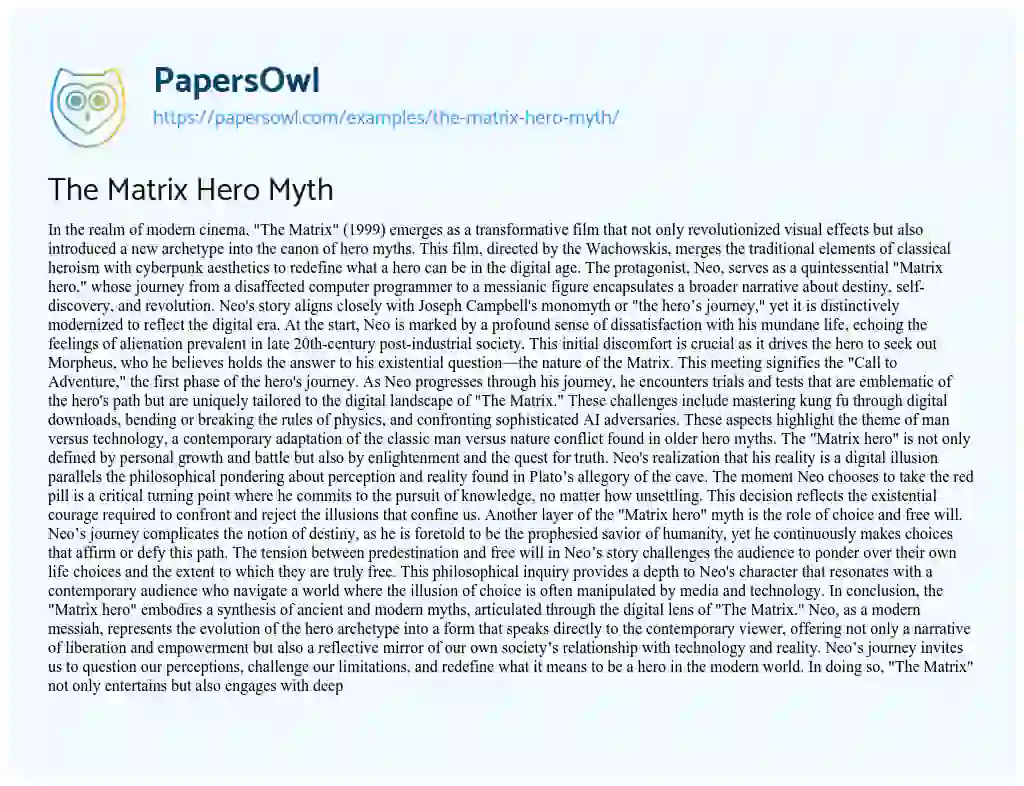 Essay on The Matrix Hero Myth