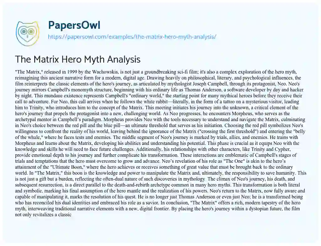 Essay on The Matrix Hero Myth Analysis