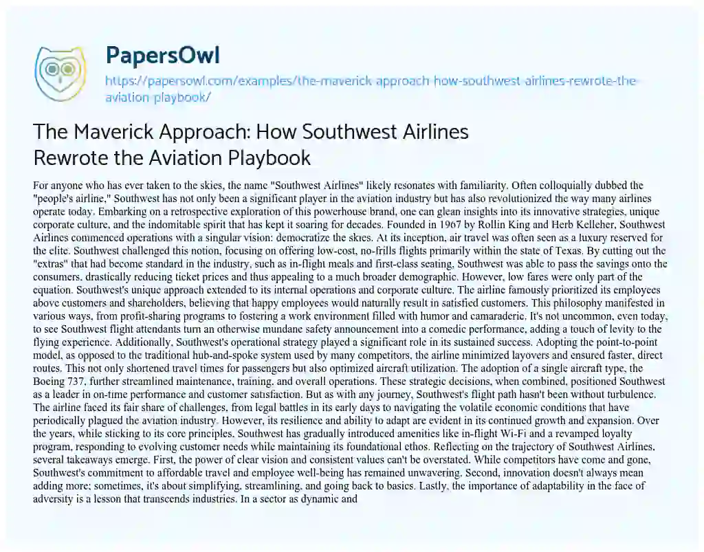 Essay on The Maverick Approach: how Southwest Airlines Rewrote the Aviation Playbook