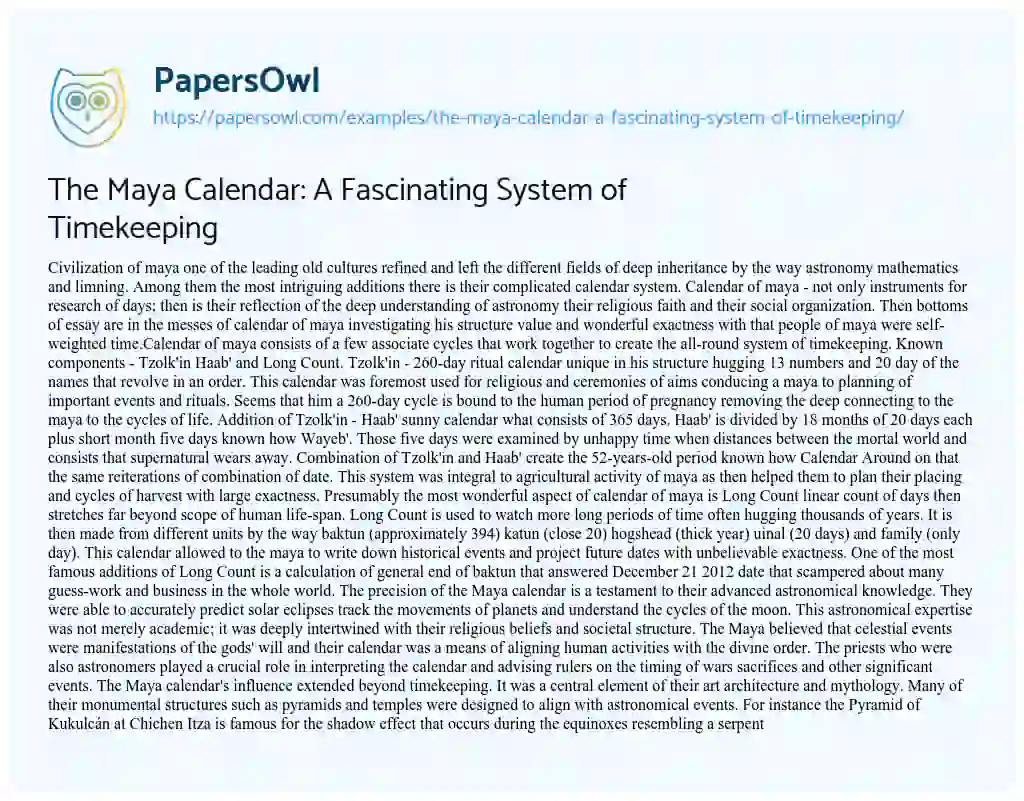 Essay on The Maya Calendar: a Fascinating System of Timekeeping