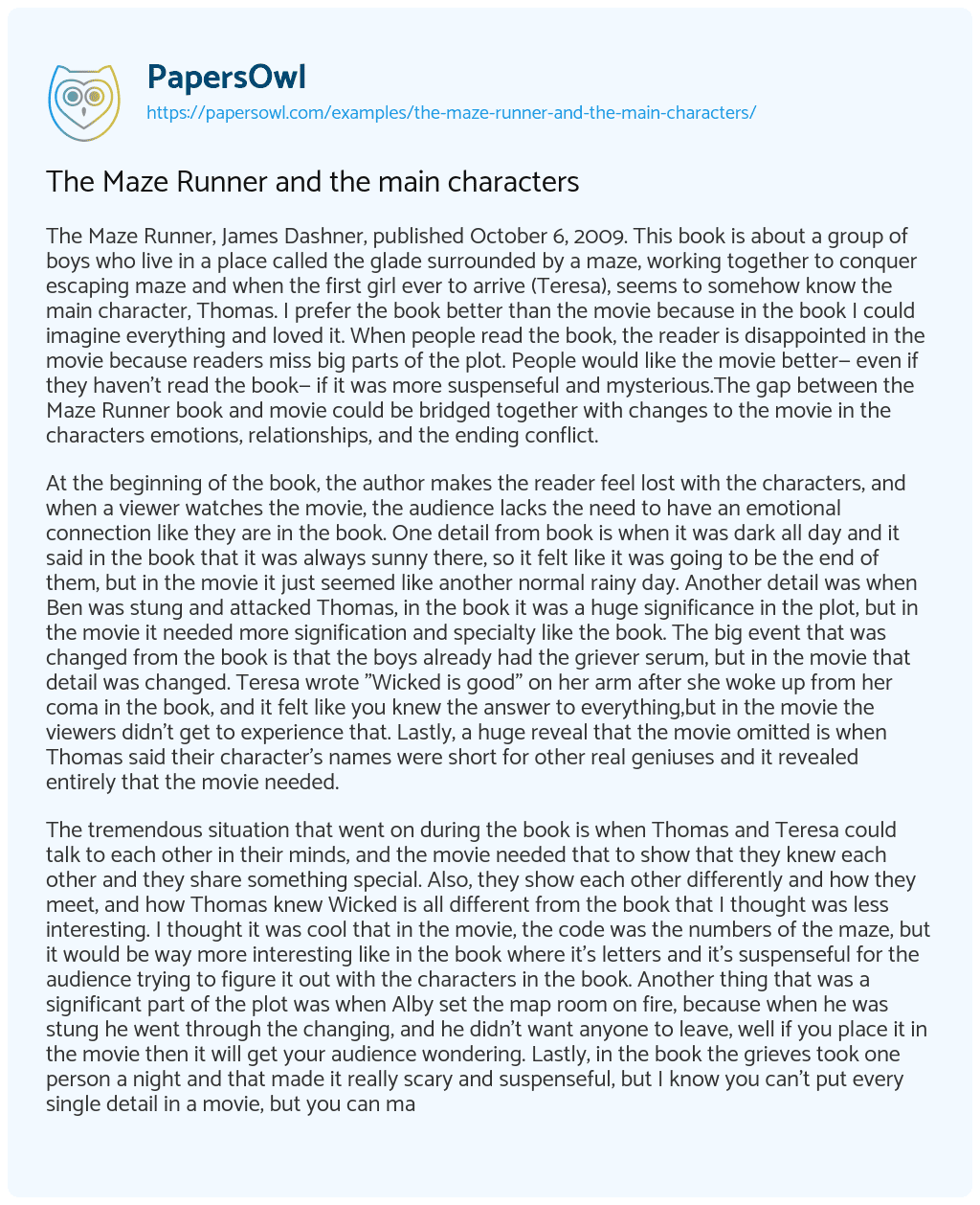 The Maze Runner and the Main Characters essay