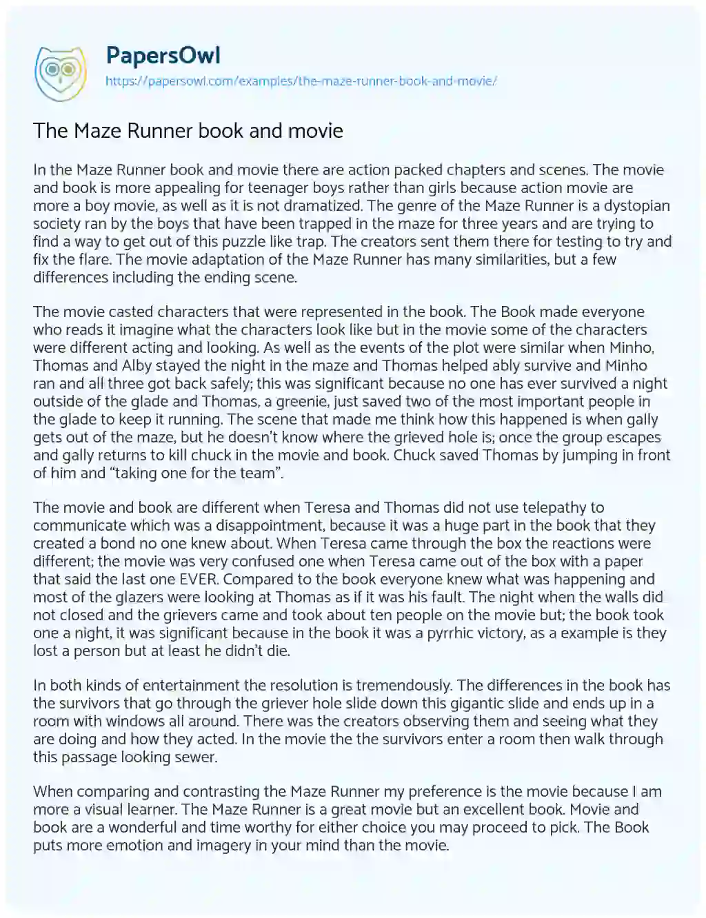 Essay on The Maze Runner Book and Movie
