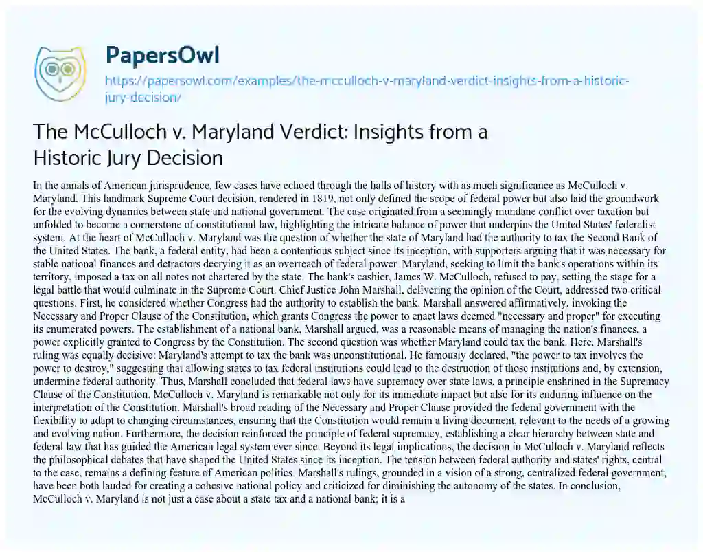 Essay on The McCulloch V. Maryland Verdict: Insights from a Historic Jury Decision