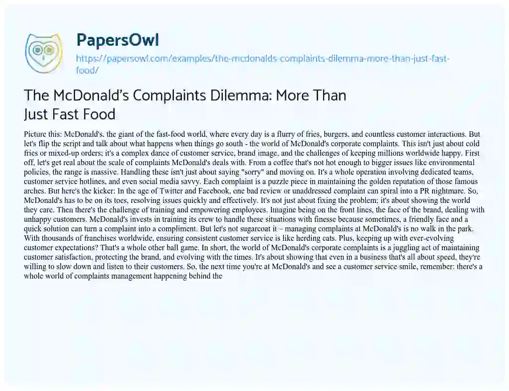 Essay on The McDonald’s Complaints Dilemma: more than Just Fast Food