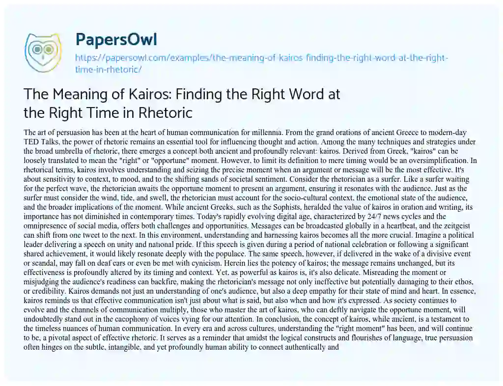 Essay on The Meaning of Kairos: Finding the Right Word at the Right Time in Rhetoric