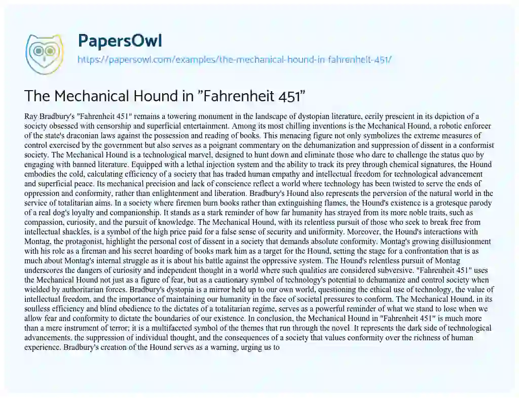 Essay on The Mechanical Hound in “Fahrenheit 451”