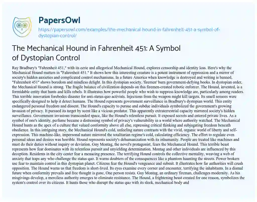 Essay on The Mechanical Hound in Fahrenheit 451: a Symbol of Dystopian Control