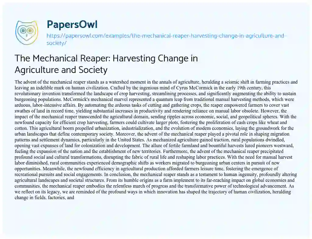 Essay on The Mechanical Reaper: Harvesting Change in Agriculture and Society