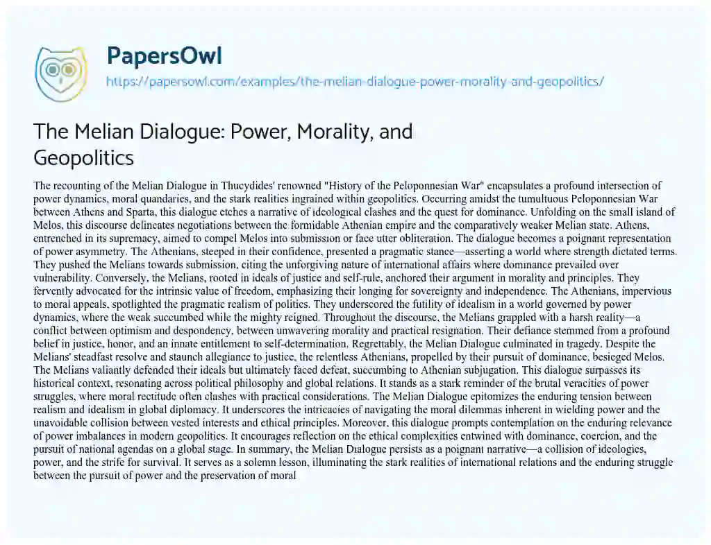 Essay on The Melian Dialogue: Power, Morality, and Geopolitics