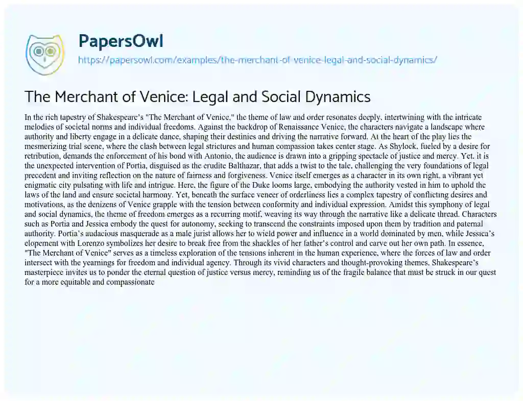 Essay on The Merchant of Venice: Legal and Social Dynamics