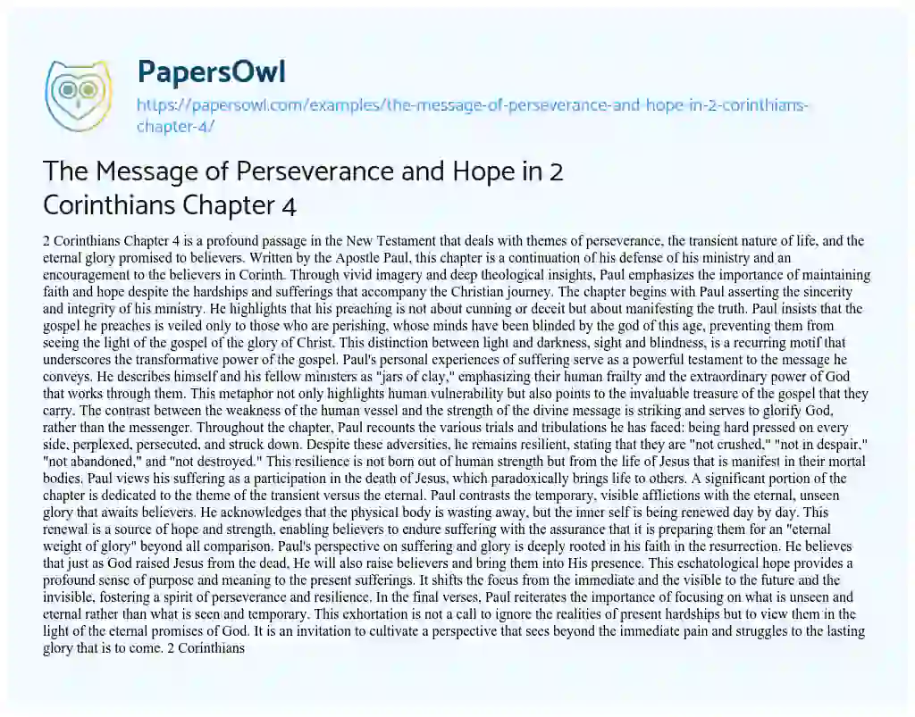 Essay on The Message of Perseverance and Hope in 2 Corinthians Chapter 4