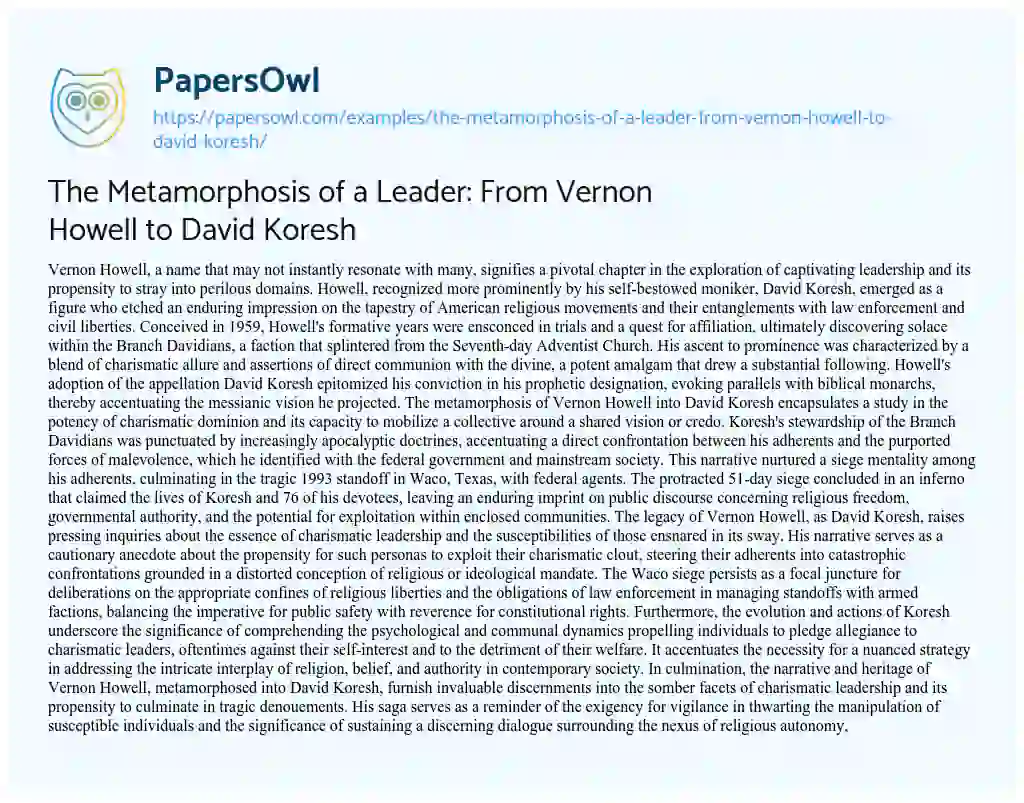 Essay on The Metamorphosis of a Leader: from Vernon Howell to David Koresh