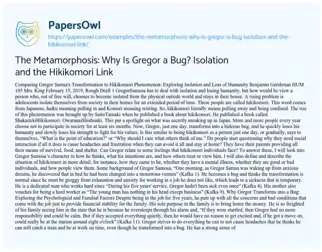 Essay on The Metamorphosis: why is Gregor a Bug? Isolation and the Hikikomori Link