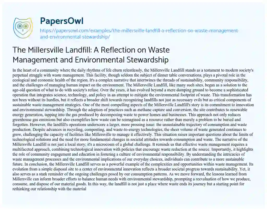 Essay on The Millersville Landfill: a Reflection on Waste Management and Environmental Stewardship