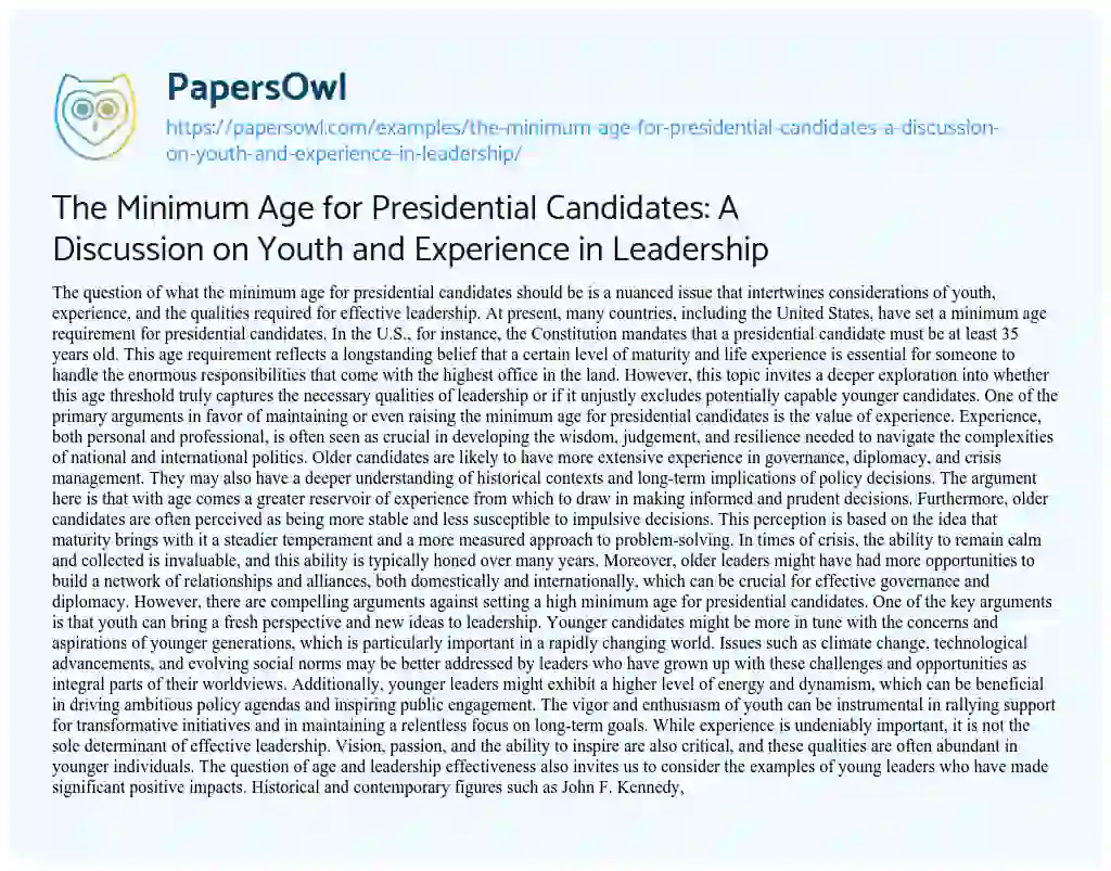 Essay on The Minimum Age for Presidential Candidates: a Discussion on Youth and Experience in Leadership