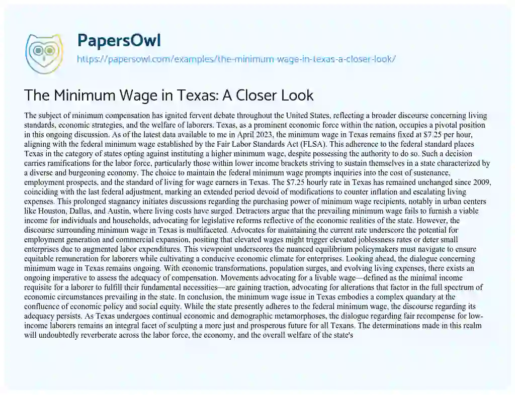 Essay on The Minimum Wage in Texas: a Closer Look