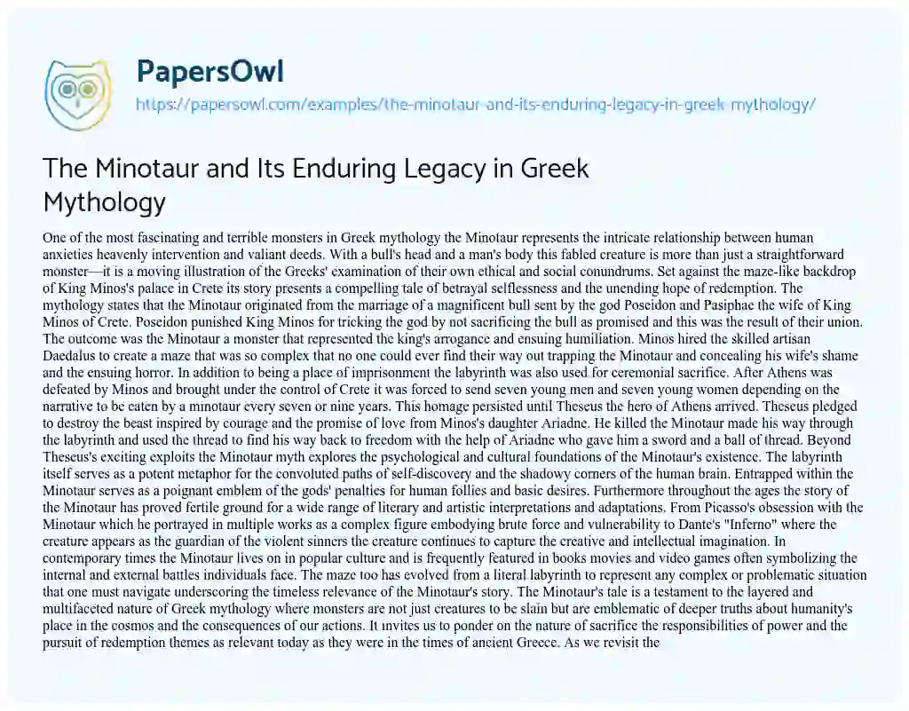 Essay on The Minotaur and its Enduring Legacy in Greek Mythology