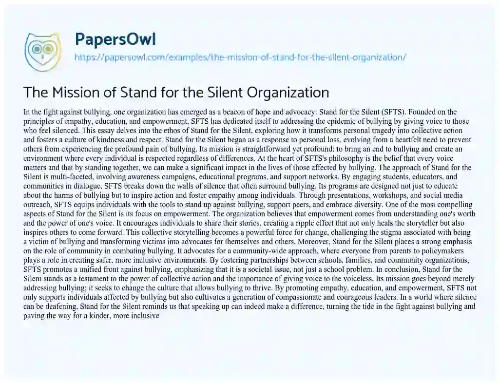 Essay on The Mission of Stand for the Silent Organization