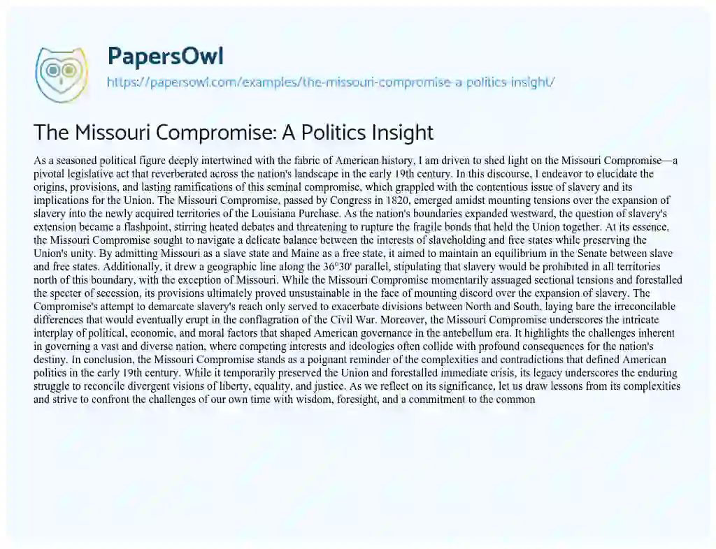Essay on The Missouri Compromise: a Politics Insight