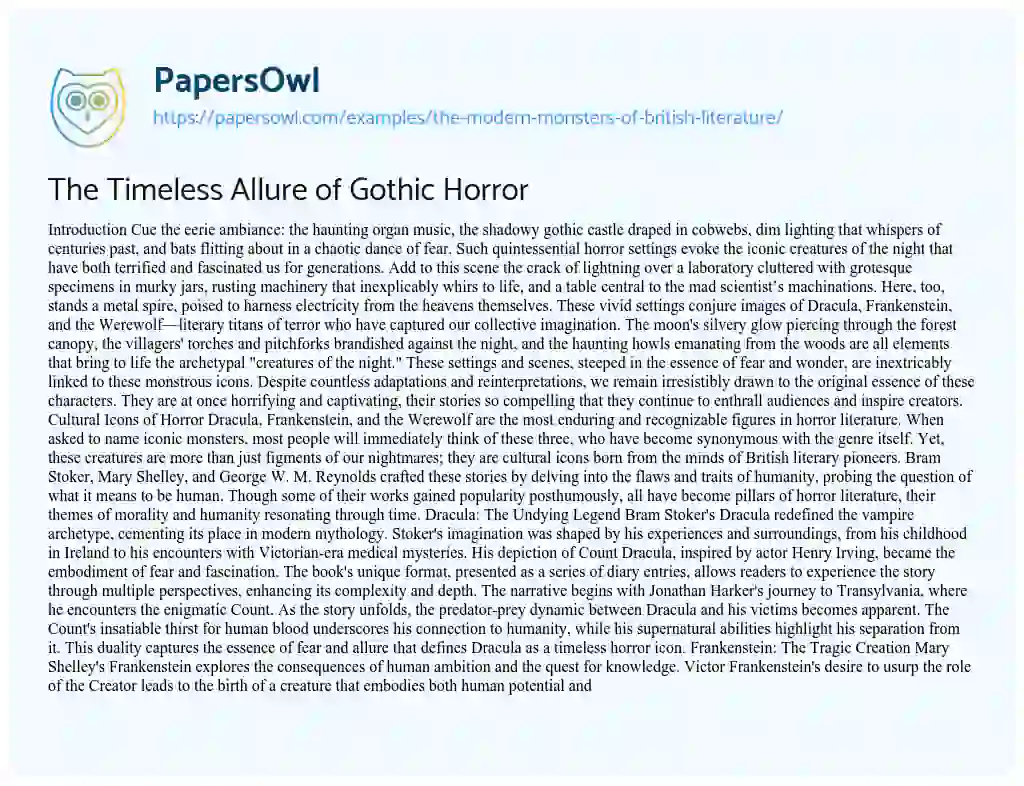 Essay on The Modern Monster’s of British Literature