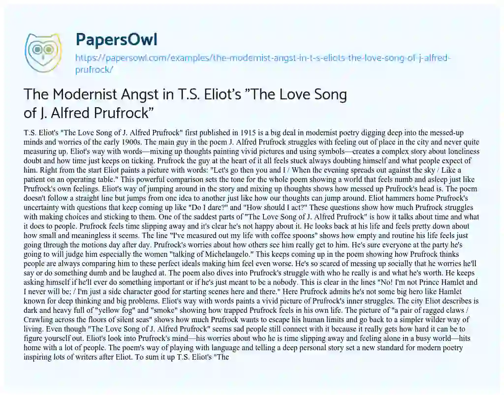 Essay on The Modernist Angst in T.S. Eliot’s “The Love Song of J. Alfred Prufrock”