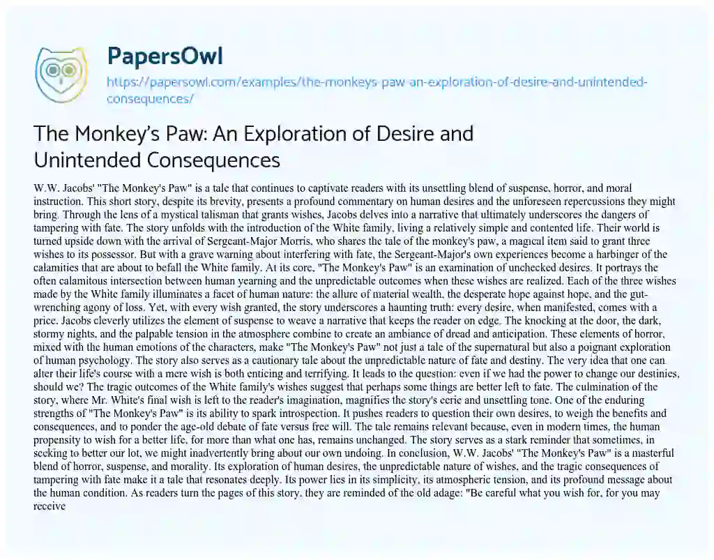Essay on The Monkey’s Paw: an Exploration of Desire and Unintended Consequences