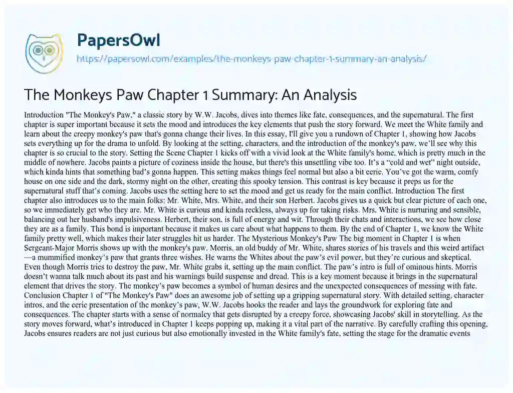 Essay on The Monkeys Paw Chapter 1 Summary: an Analysis