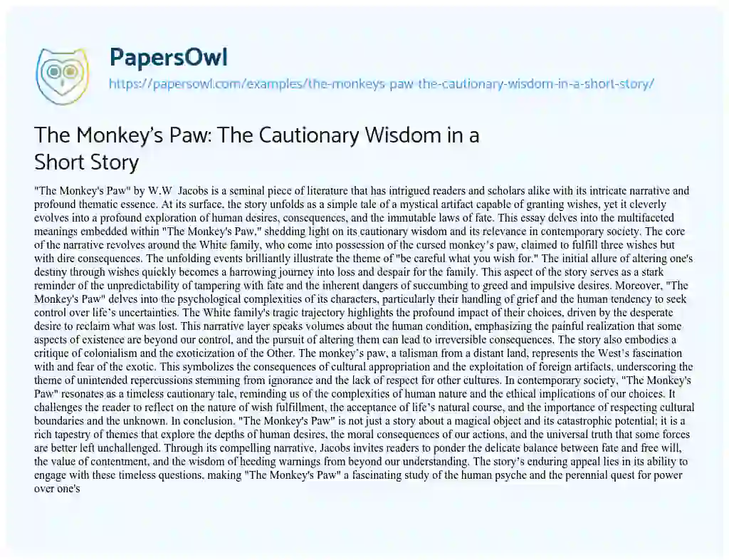 Essay on The Monkey’s Paw: the Cautionary Wisdom in a Short Story