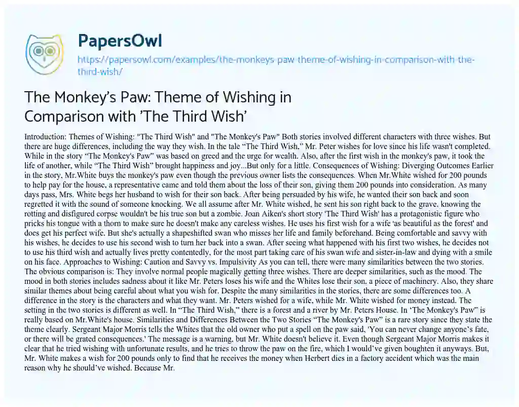 Essay on The Monkey’s Paw: Theme of Wishing in Comparison with ‘The Third Wish’