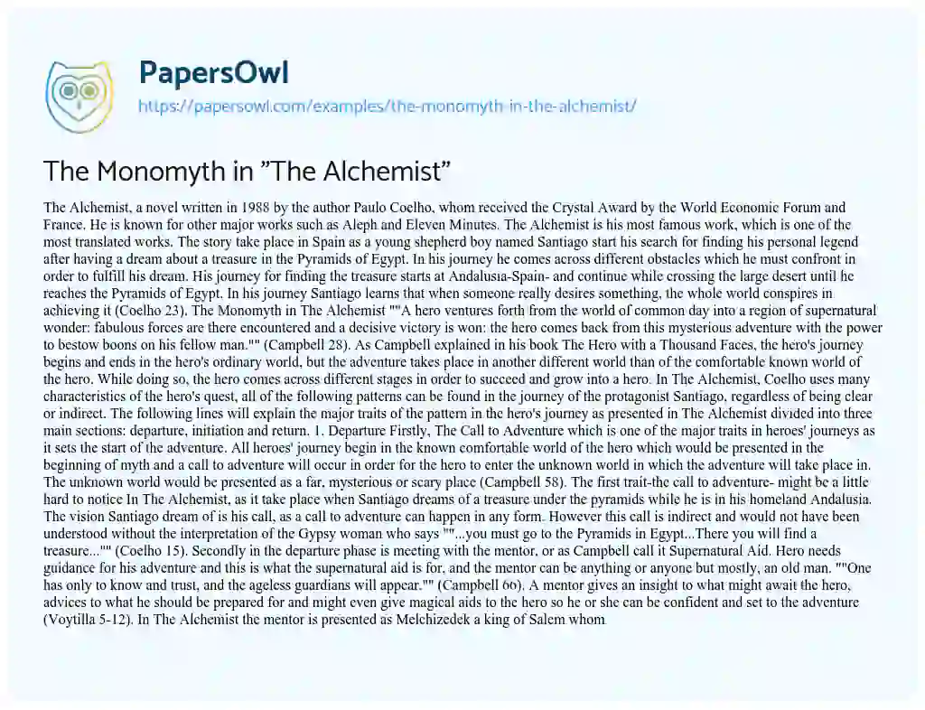 The Monomyth in “The Alchemist” essay