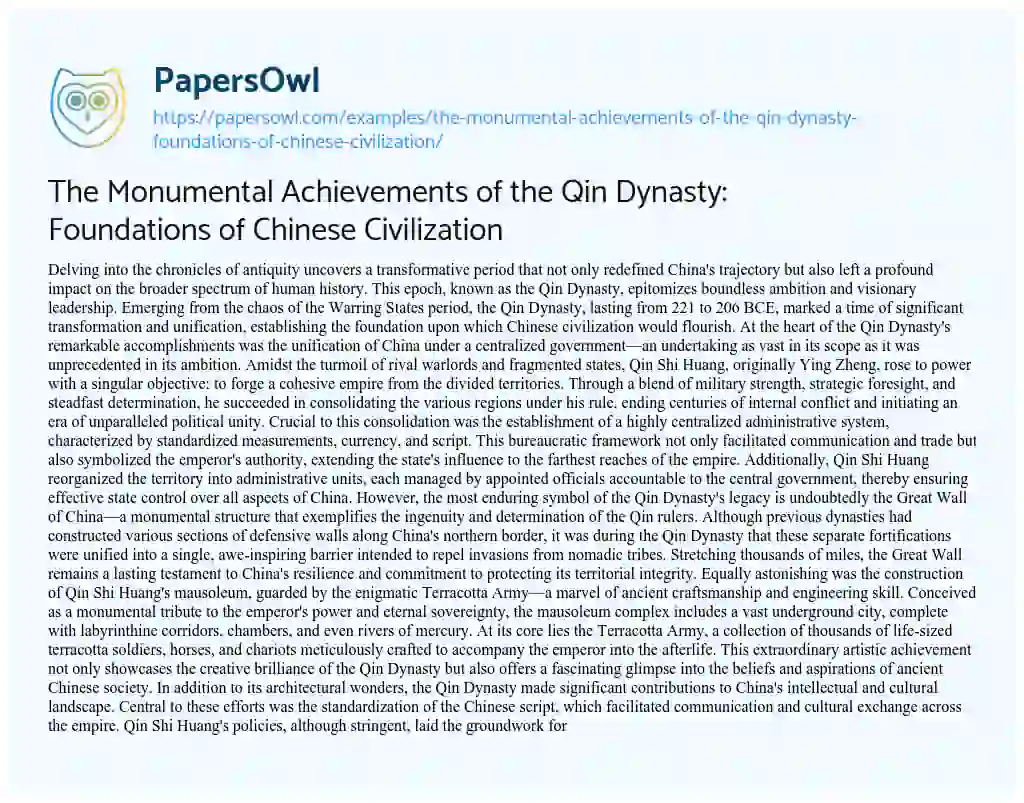 Essay on The Monumental Achievements of the Qin Dynasty: Foundations of Chinese Civilization
