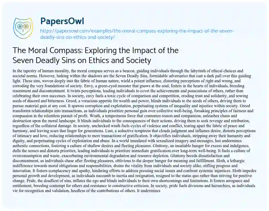 Essay on The Moral Compass: Exploring the Impact of the Seven Deadly Sins on Ethics and Society