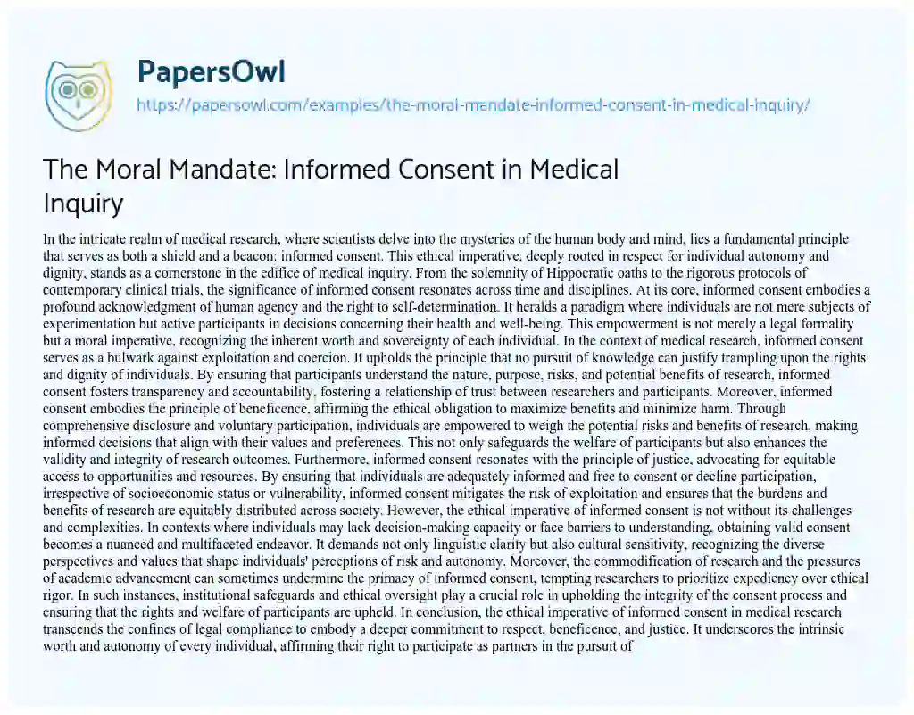 Essay on The Moral Mandate: Informed Consent in Medical Inquiry