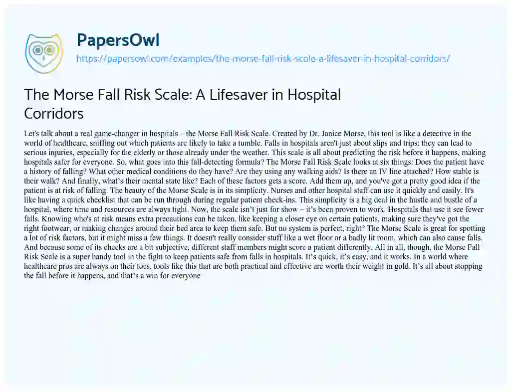 Essay on The Morse Fall Risk Scale: a Lifesaver in Hospital Corridors