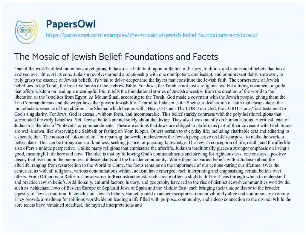 Essay on The Mosaic of Jewish Belief: Foundations and Facets