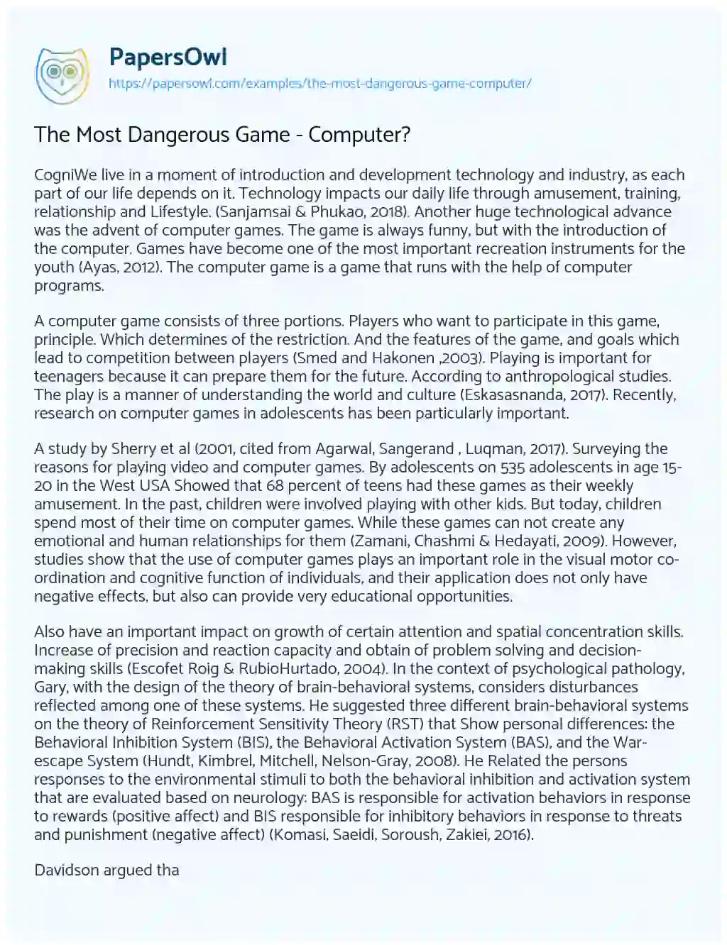 Essay on The most Dangerous Game – Computer?