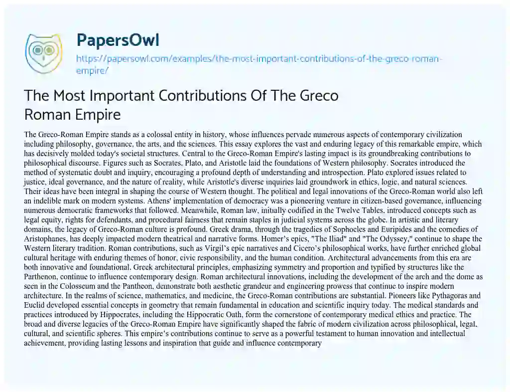 Essay on The most Important Contributions of the Greco Roman Empire
