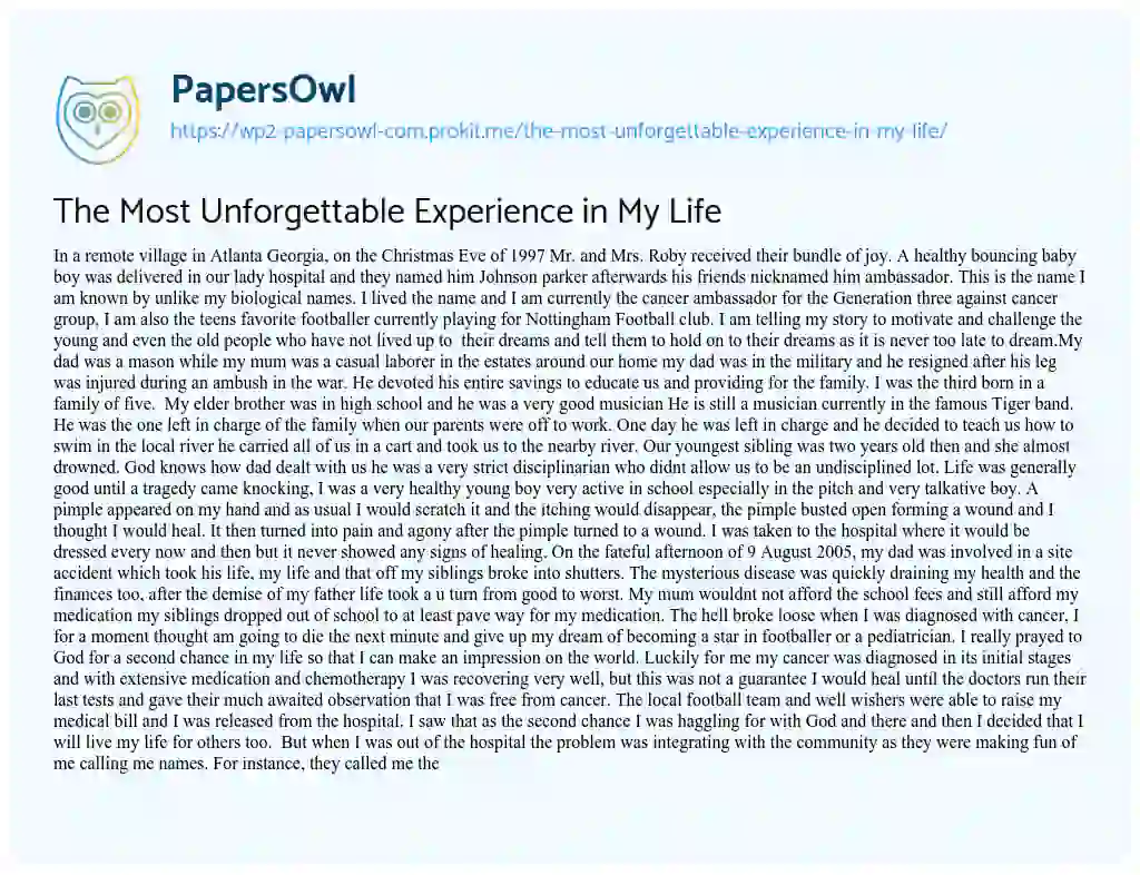 Essay on The most Unforgettable Experience in my Life