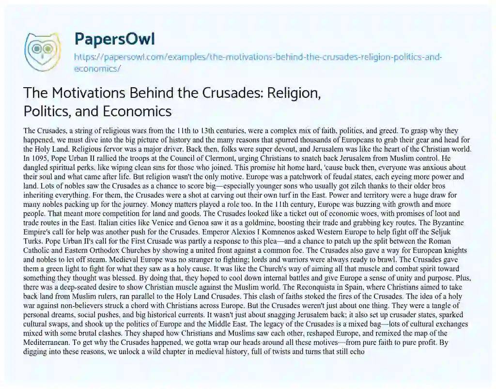 Essay on The Motivations Behind the Crusades: Religion, Politics, and Economics