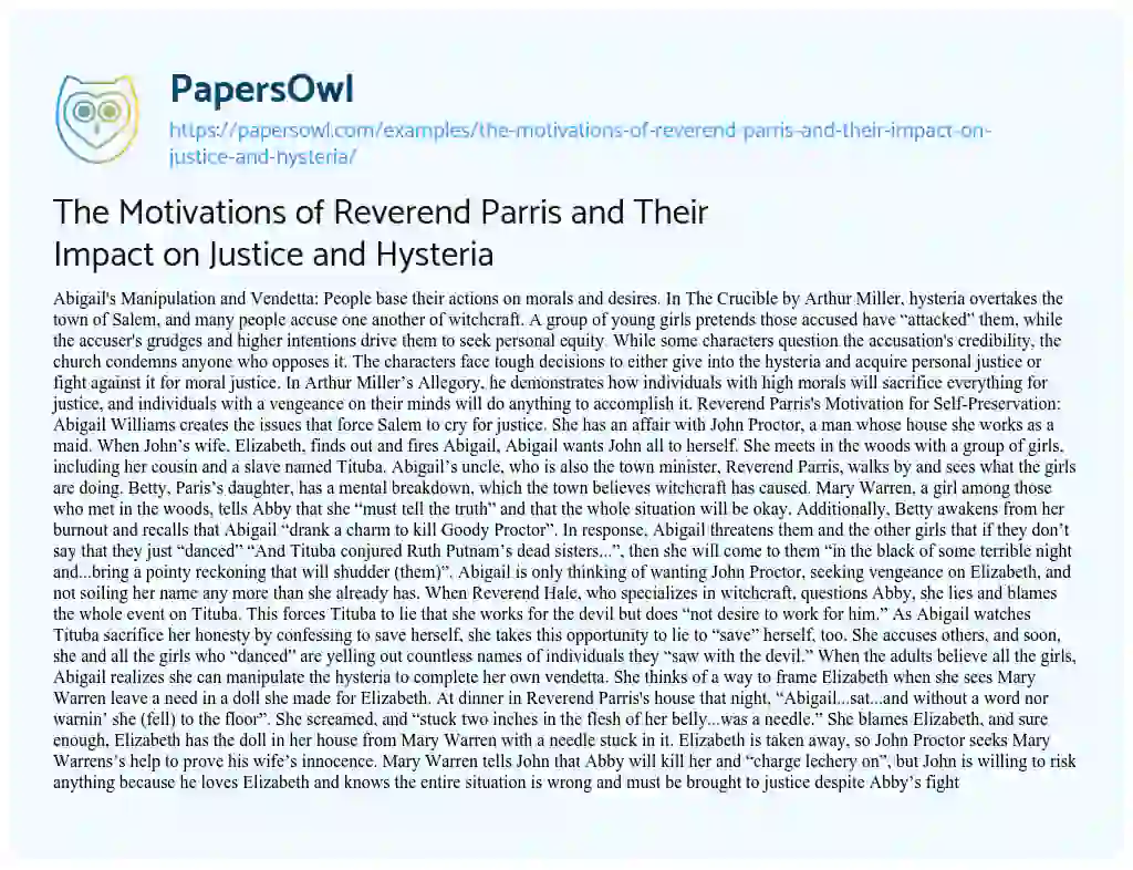 Essay on The Motivations of Reverend Parris and their Impact on Justice and Hysteria